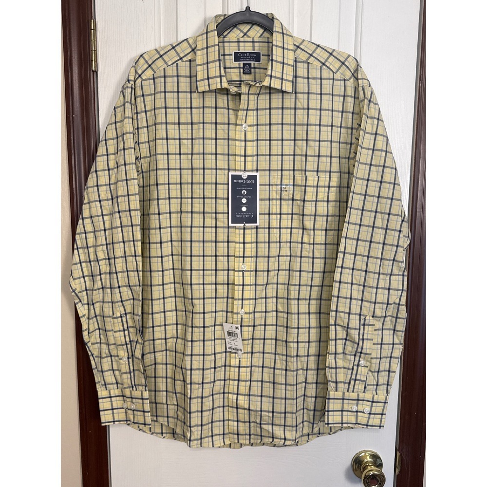 Club Room Performance Dress Shirt‎ Wrinkle Resistant Yellow Plaid 16 34/35